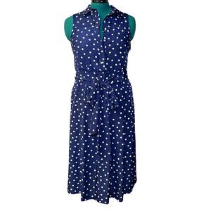 1901 Navy Blue White Polka Dot Collared Shirt Dress 6P